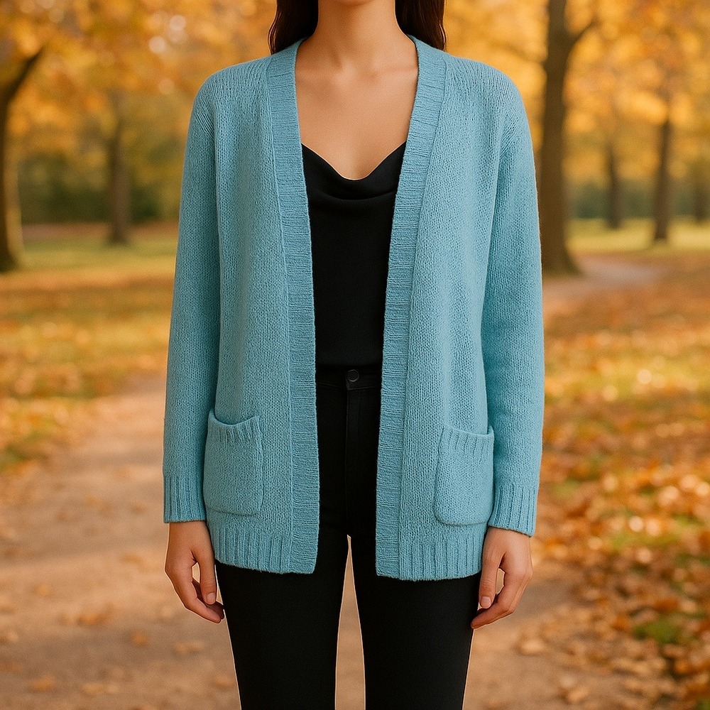 Vtg Bonnie Lee by Leroy Size 44 Cardigan Sweater Aqua Blue Open Front Pocketed‎